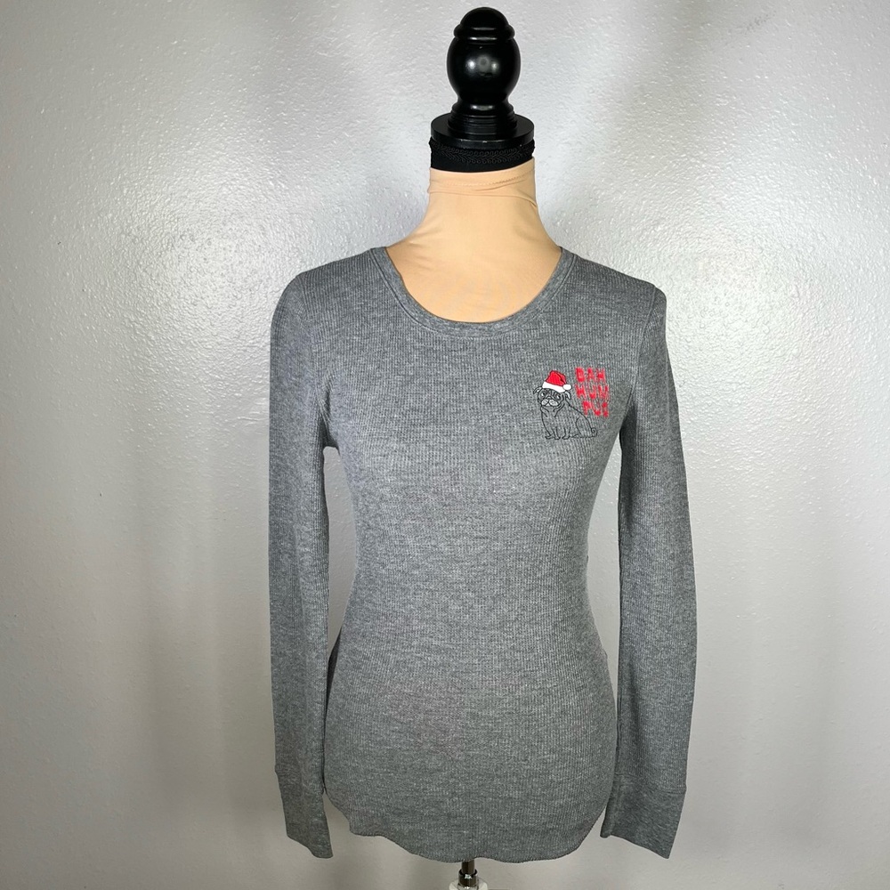 Pug Christmas Thermal Shirt S Gray Waffle Knit Long Sleeve Cozy Holiday festive
